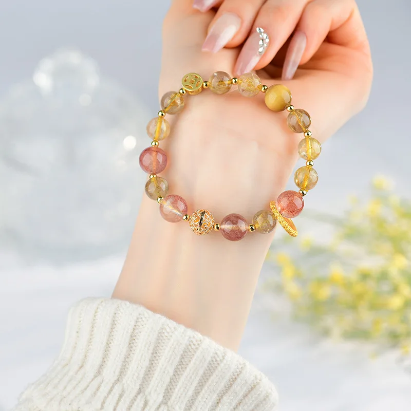 

Natural Yellow Rutilated Strawberry Quartz Taurus New Women'S Bracelet Jewelry