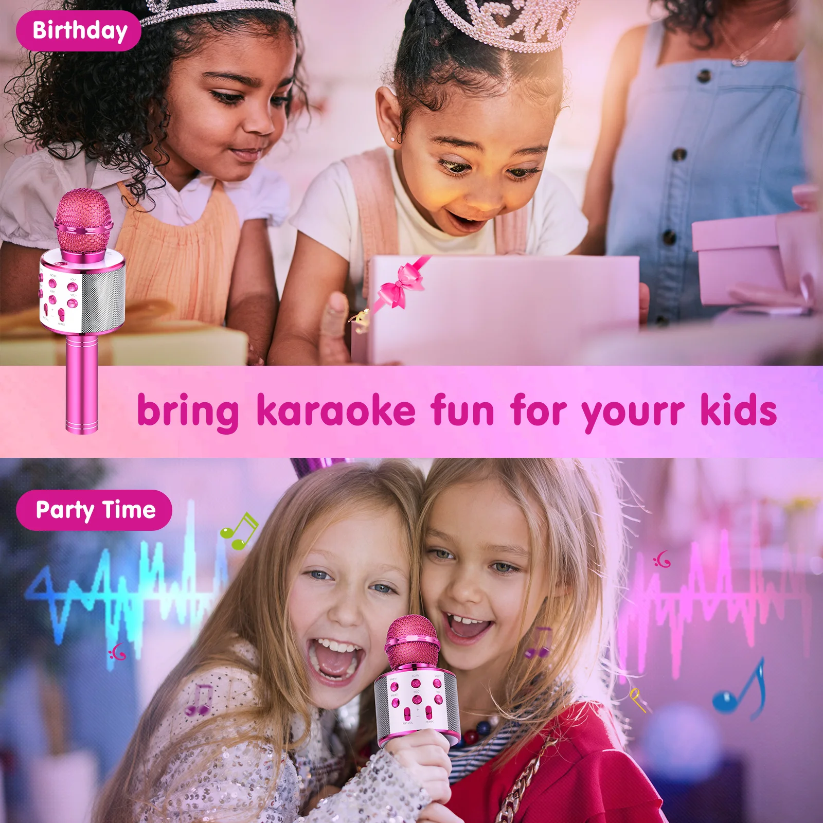 Children's karaoke microphone, girl's Bluetooth microphone, birthday gift for girls and boys 4, 6, 8 10 year old children's toys