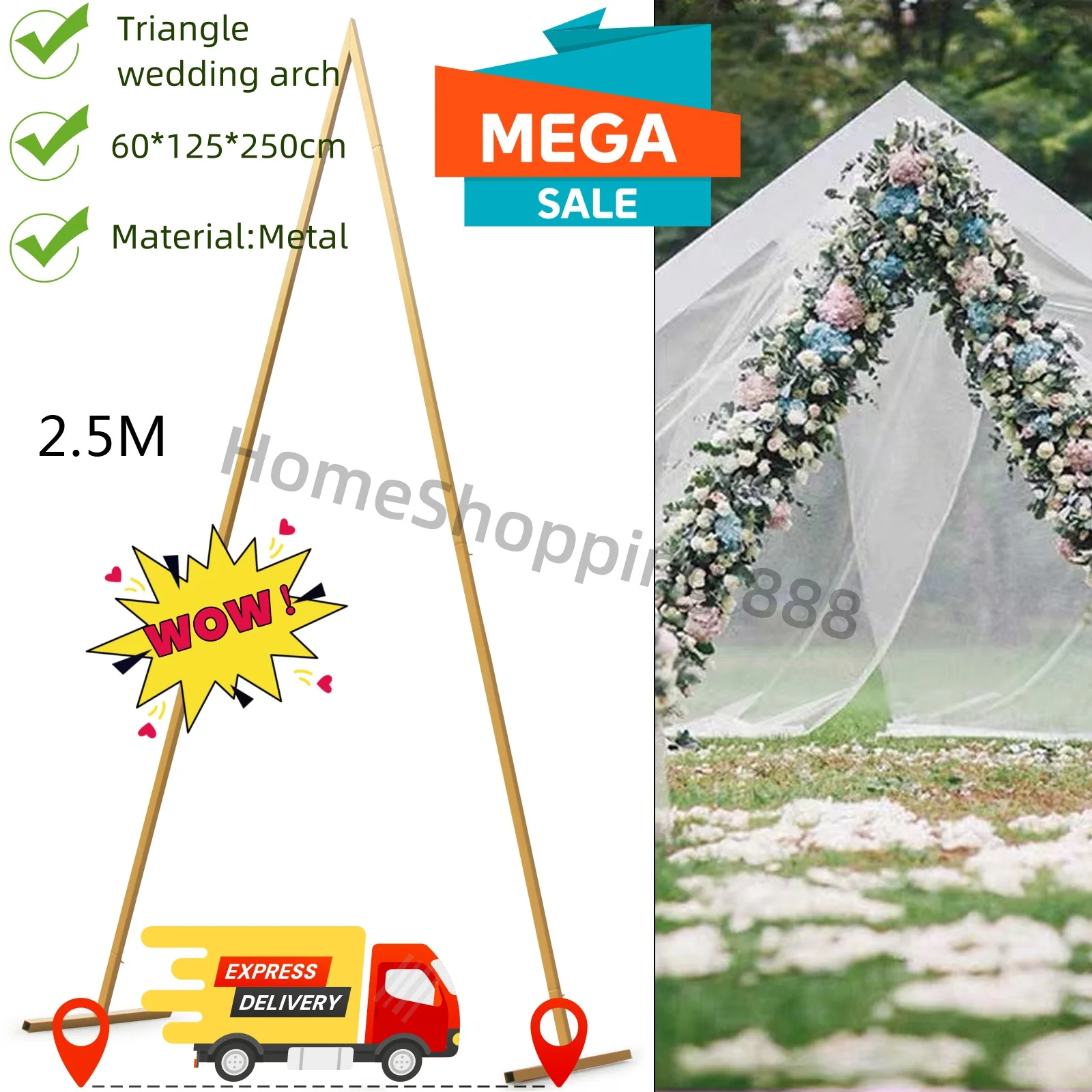 

8FT Tall Gold Triangle Metal Arch Backdrop Stand Wedding Photo Background Party