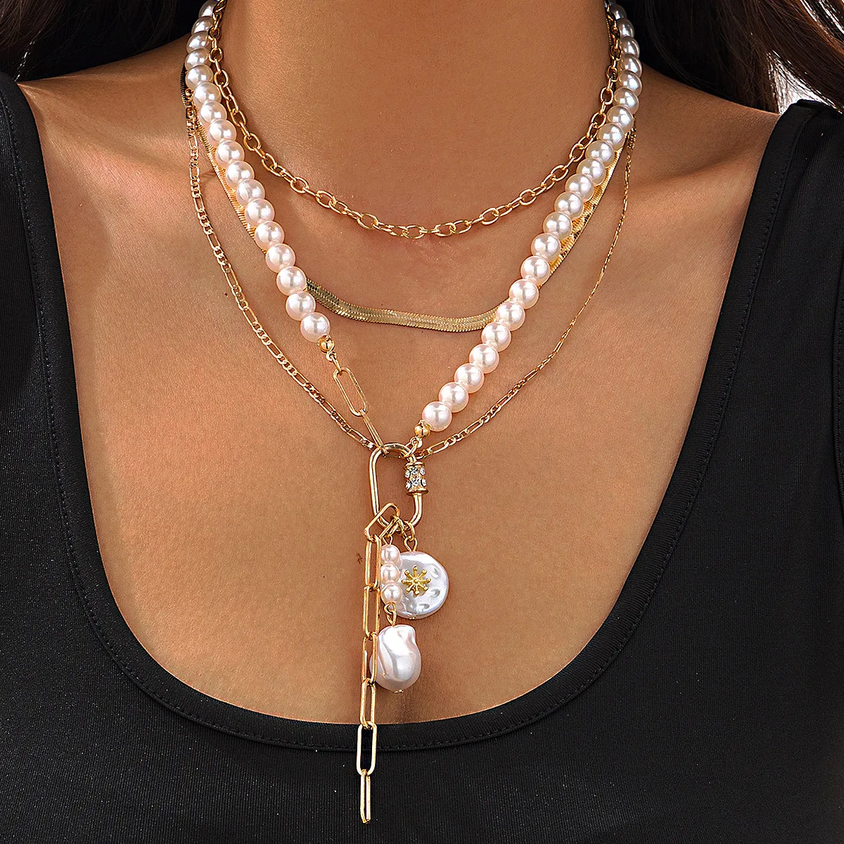 Faux Pearl Stackable Baroque Choker Necklace with Snake Link Chain Silver Tone Alloy Long Sweater Pendant for Daily Wear Gift