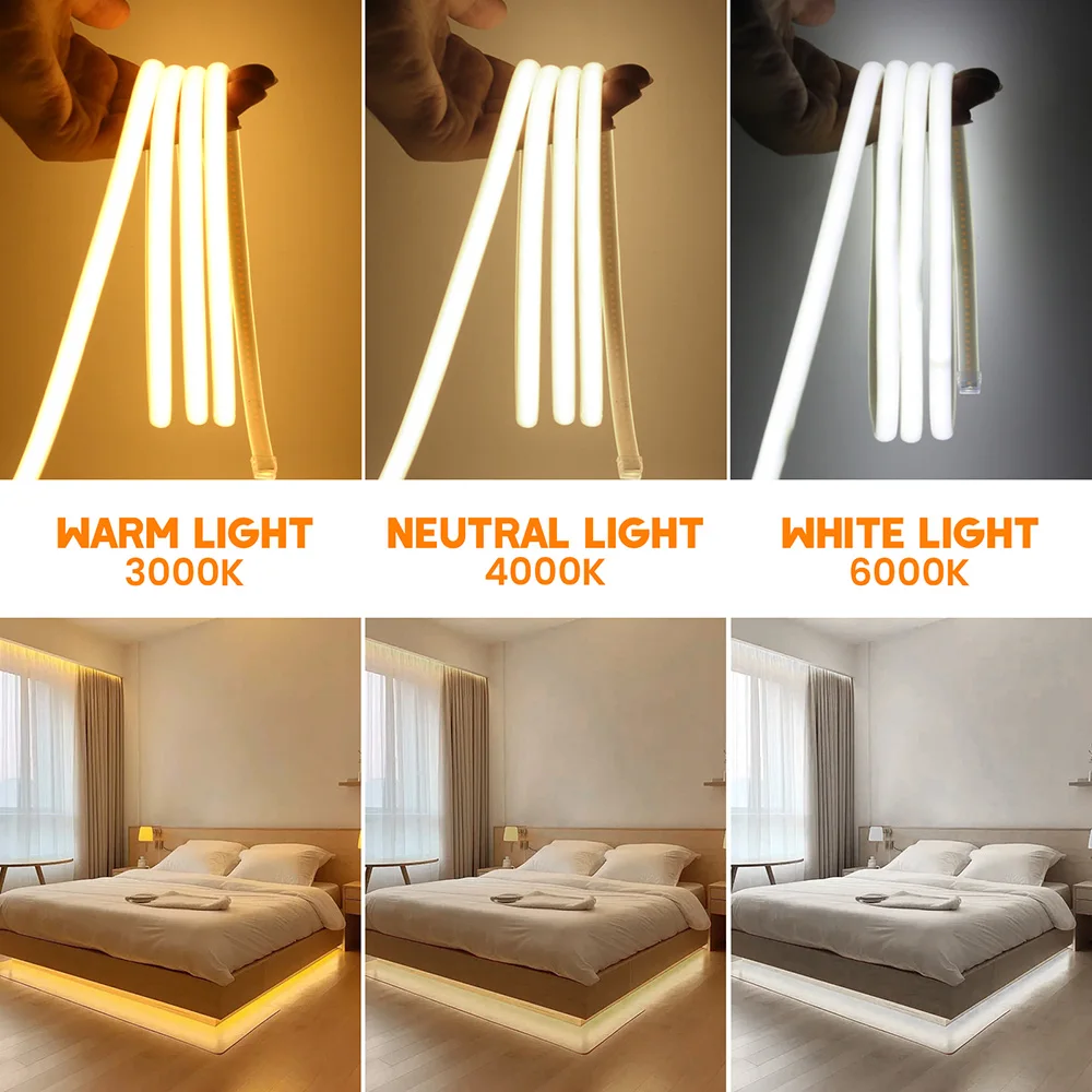 Imagem -06 - Dimmable Cob Led Neon Strip Light Dimmer Switch Power Kit Alta Densidade 288 Leds Iluminação Linear Ip67 Impermeável Flex Ribbon 220v