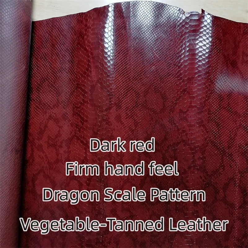 1mm Dark Red Vegetable-Tanned Snake Pattern Top Grain Cowhide, Genuine Leather for DIY Mats, Whole Piece Cuttable