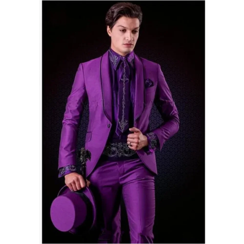 

New Arrival Purple Men Suit For Wedding 2Pieces(Jacket+Pant+Tie) Fashion Groom Prom Masculino Trajes De Hombre Blazer