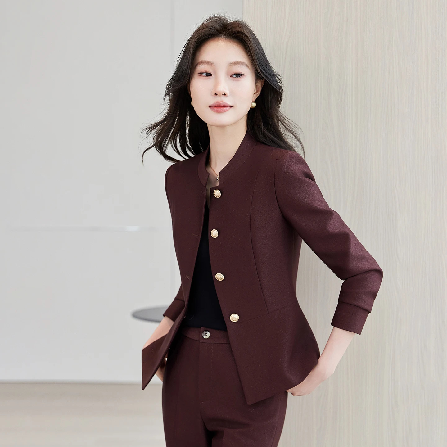 Reddish-Brown Women's Autumn Winter Commuting Suit High-Quality Stand-Collar Blazer And Slightly Flared Trousers Set