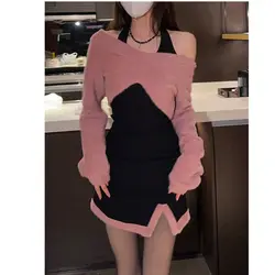 Autumn Sweet Knitted Two Piece Set Women Patchwork Sweater Midi Dress Suit Female Casual Korean Fashion Elegant Kawaii Set 2023