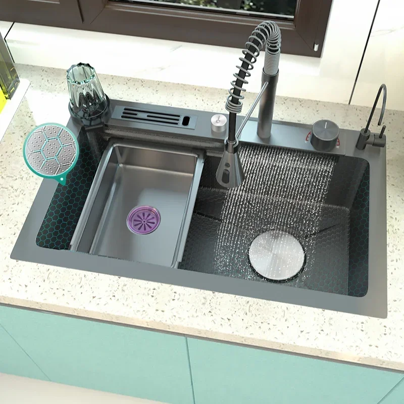 Stainless Steel Spring  Waterfall Sink  Embossed Kitchen Sink Large Single Slot Washing Basin Dishwasher Pond on Sale