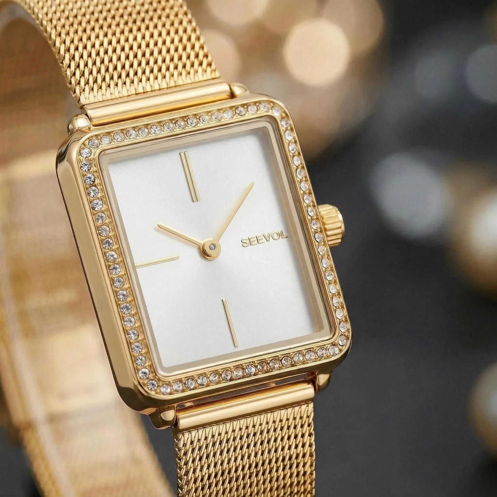 Top Quality Women Small Square Watch Gold Ultra Thin Stainless Steel Case Diamond-Studded Luxury Quartz Reloj Milanese Mesh Band