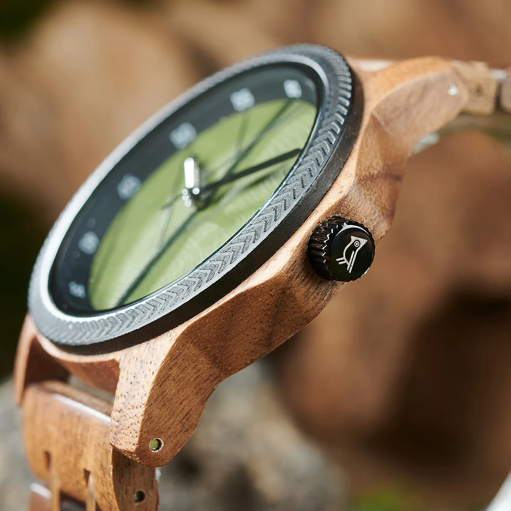 BOBO BIRD orologi da uomo in legno quadrante foglia fatto a mano benedizione personalizzata orologio da polso naturale distintivo supporto regalo in legno Dropshipping