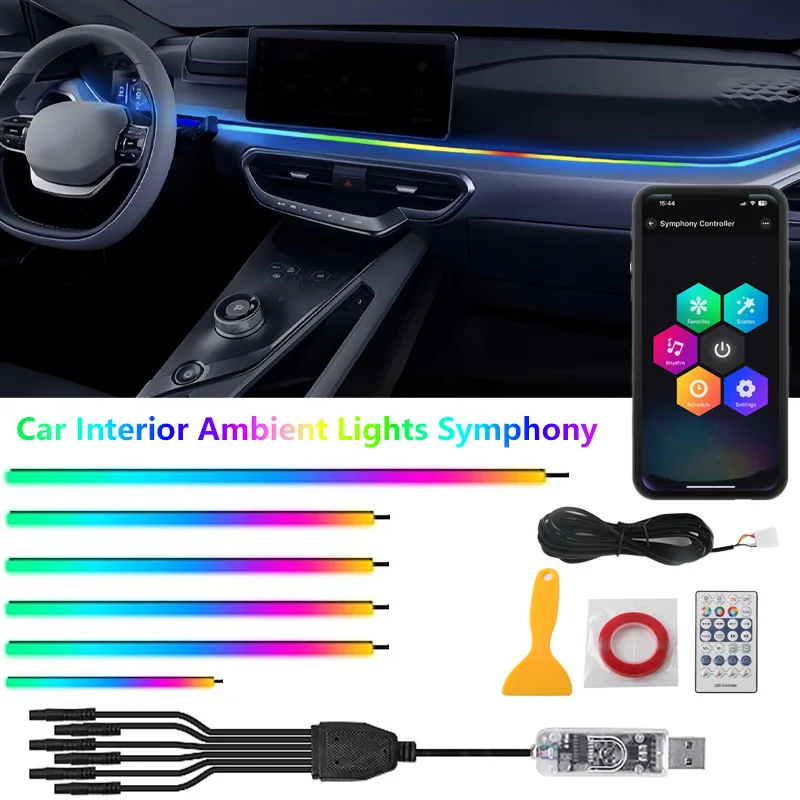 

Car Dashboard Ambient Light Symphony 6 in1 RGB Acrylic Guide Fiber Optic Decoration Strip Lights Auto Interior Decorative Lamp