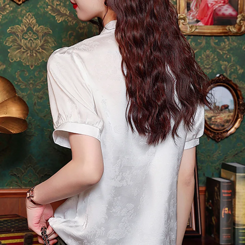 قميص نسائي جمالي فضفاض على الطراز الصيني ، أحادي اللون ، مطبوع ، رقبة على شكل V ، قمم بأكمام قصيرة ، كاجوال ، سيدة ، صيف ، جديد ، مكتب