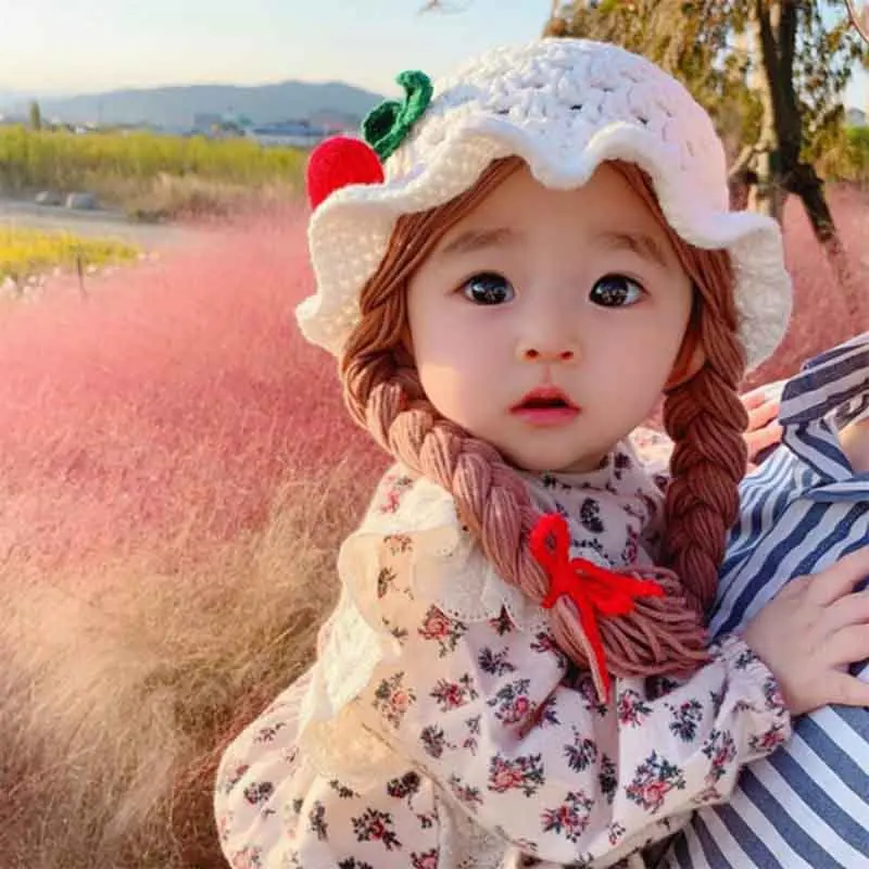 Cute Cherry Baby Girl Bucket Hat Pigtail Braid Wig Toddler Cap Winter Infant Crochet Knitted Children Hats and Caps for Girls