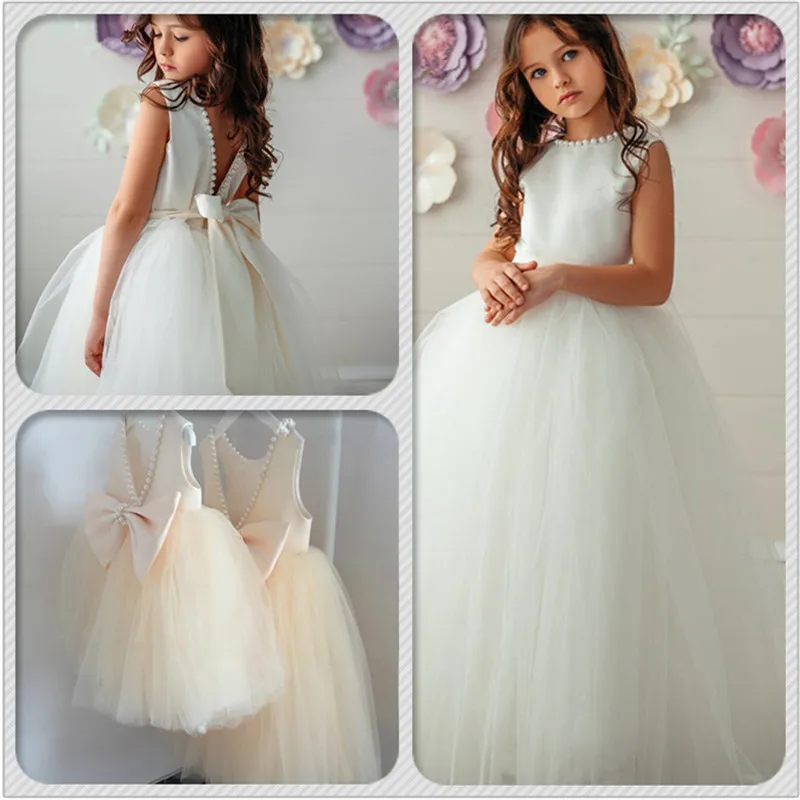 Backless Pearls Flower Girl Dress Trailer Puffy Wedding Party Gowns for Girl abiti da prima comunione eucarication assisted Princess