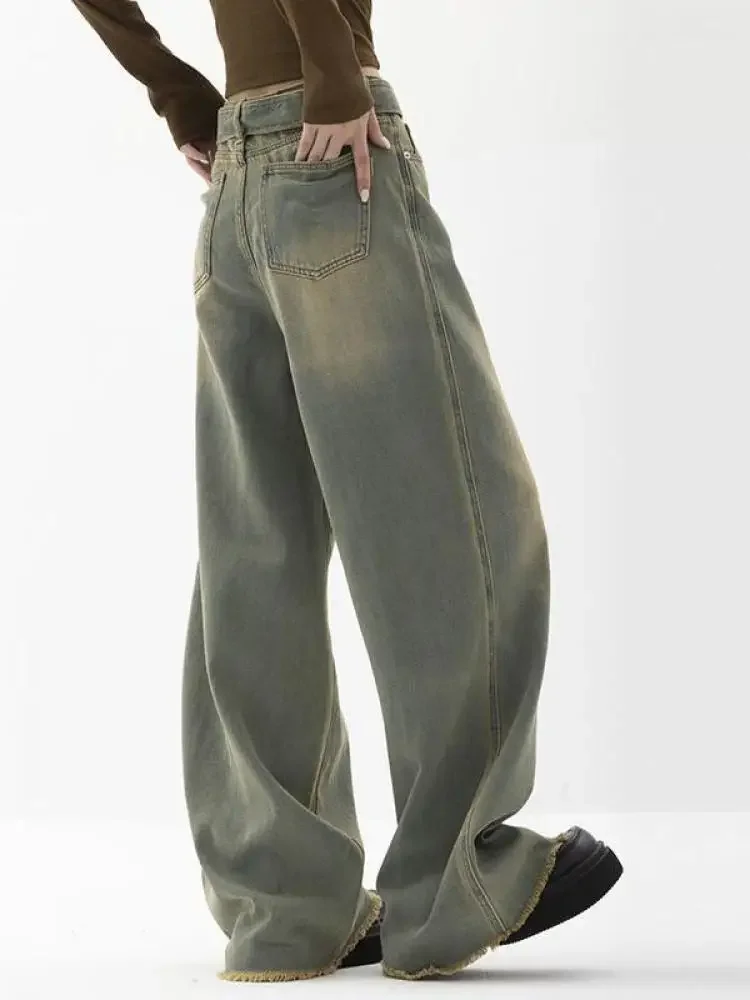 Women Vintage Streetwear Korean Baggy Cargo Jeans Retro Straight Parachute Pants Denim Trousers Fairy Grunge Alt Clothes