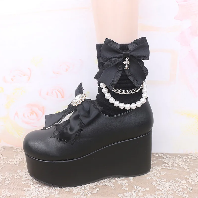 Gothic Dark Black Bow Socks Punk Bow with Beads Chains Mid-Calf Socks Larme Kei Cotton Lace Socks for Y2K GirlWomen