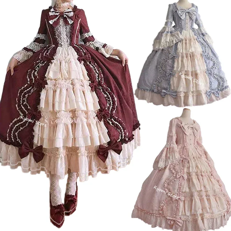 Medieval Retro Gothicked Court Lolita Dress Royal Lady Ball Dress Square Neck Flare Sleeve Tight Waist Bowknot Elegant Costume