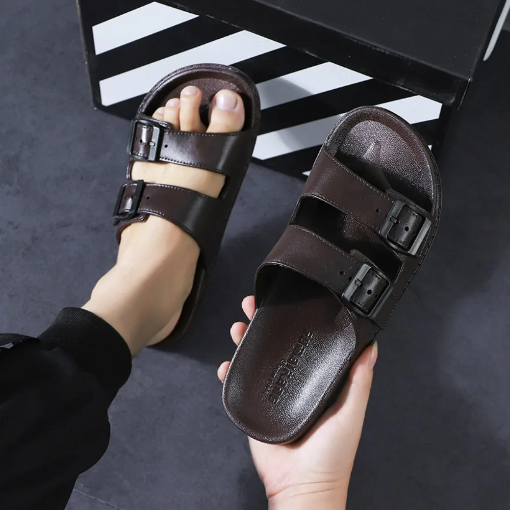 Summer Fashion Double Buckle Slide Sandals Comfortable Flat Flip Flops Soft Sole Open Toe Slip-On Slippers Indoor Outdoor Wear