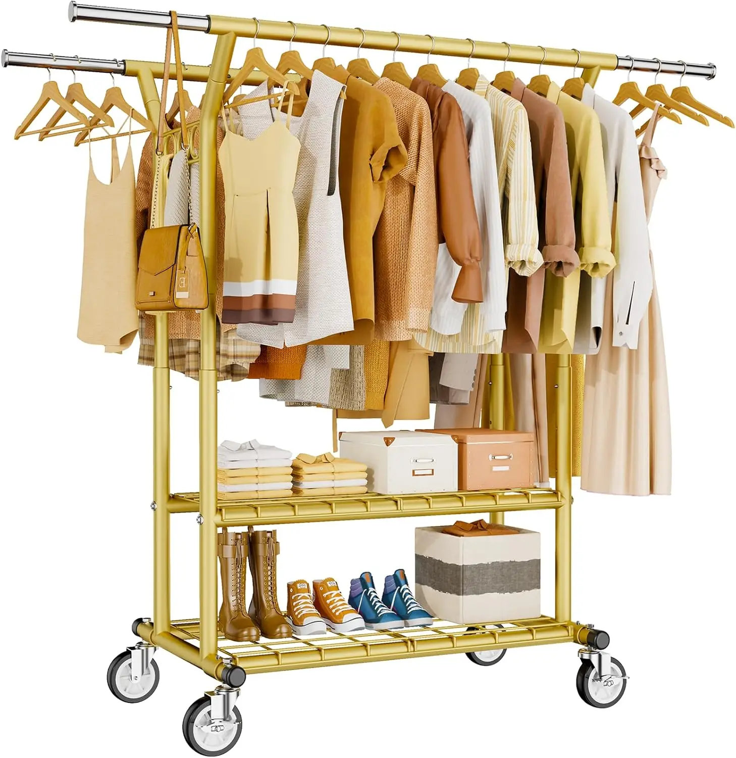 

Heavy Duty Clothes Rack, Rolling Clothing Racks With Shelves Load 620 LBS, Double Rod Clothing Racks for Hanging Clothes, Por