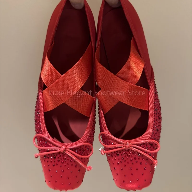 

Pink Satin Rhinestone Bow Decor Flats Loafers Women Cross Strap Square Toes Slip On Single Shoes Sweet Elegant Party Footwear