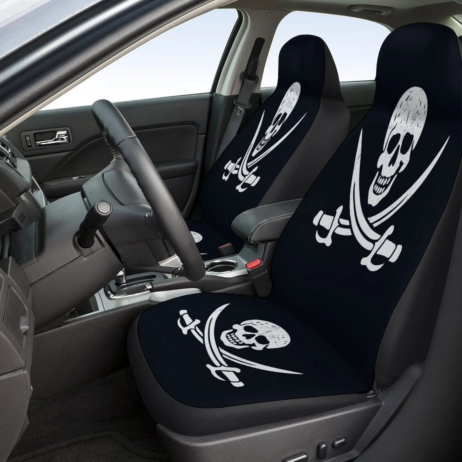 Pirate Flag Car Seat Covers Set - Breathable, Durable Polyester, Fit For Most Cars, Includes 2 Front & Rear Seat Covers, All-Sea