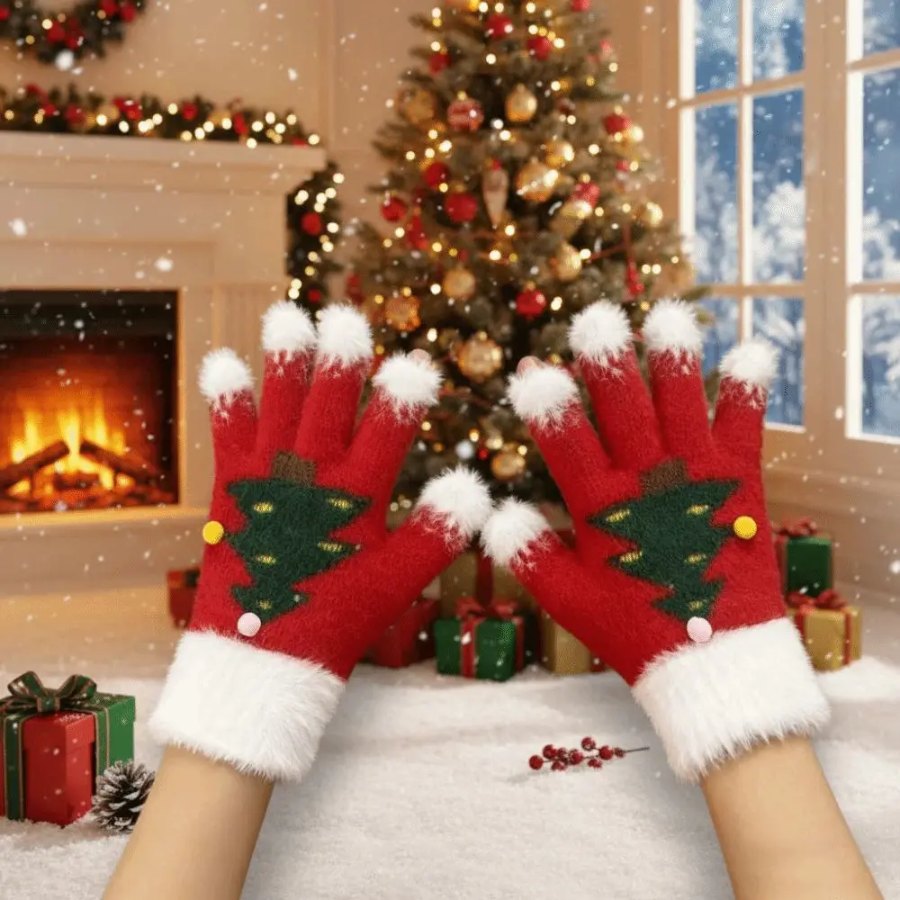 Red Green Christmas Gloves Cuff Elastic Wrist Winter Knit Mittens Soft Texture Thick Lining Touchscreen Full Finger