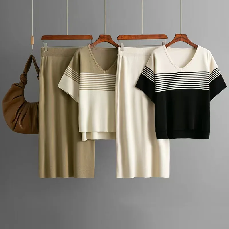 Neues gestricktes Streifen-Top und Rock-Set für Damen, Faion-Sommer-Outfit, V-Ne ort Sve, lange Hosen, zweiteiliges Ensemble