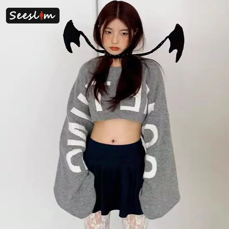 

Seeslim пуловер с расклешенными рукавами и принтом, женский свитер, корейская модная молодежная женская одежда, трикотаж, осенне-зимние женские джемперы