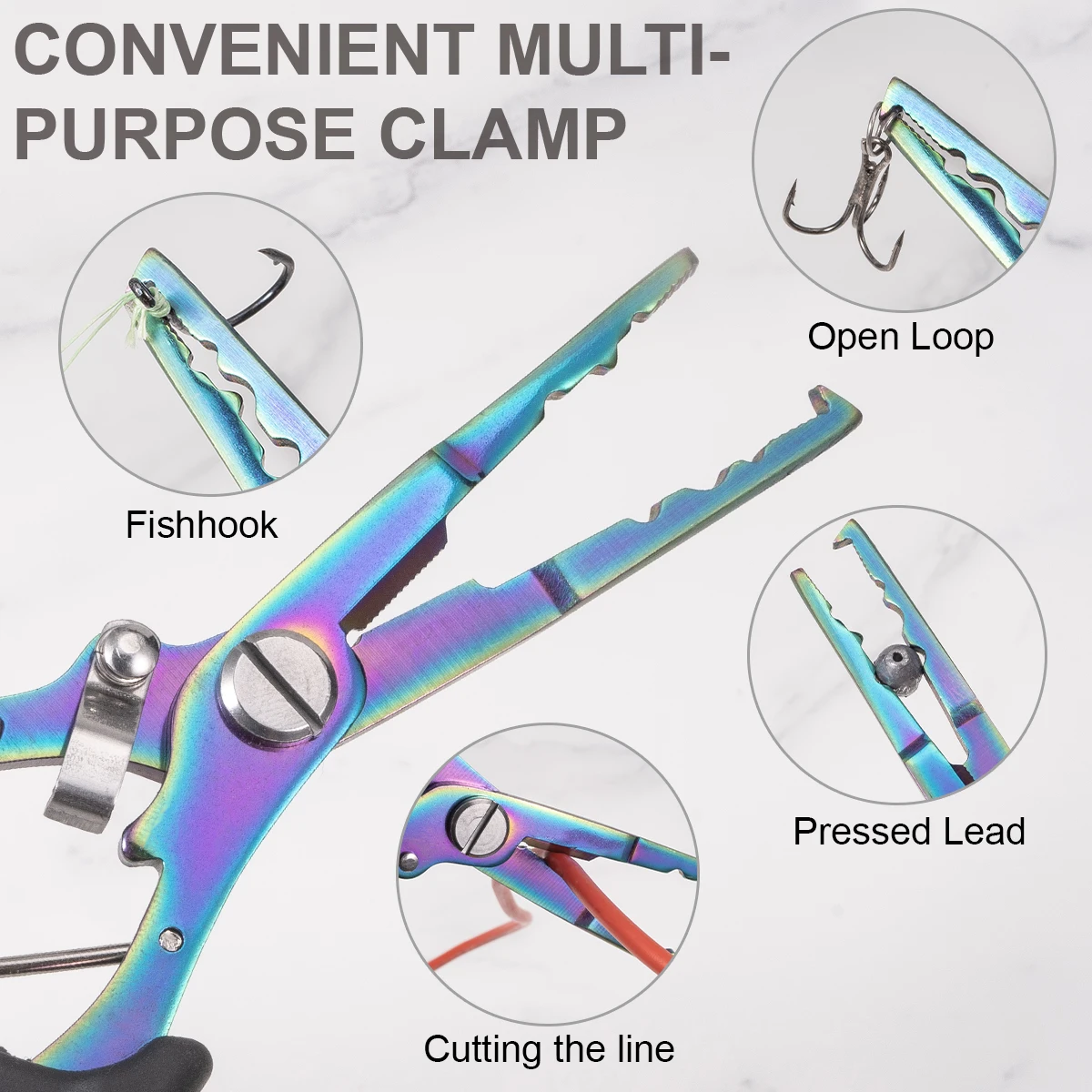 كماشة صيد متعددة الوظائف مع قاطعة حلقية مقسمة من سبائك التيتانيوم الملونة ومقبض ضغط من الرصاص غير قابل للانزلاق، أداة صيد #5