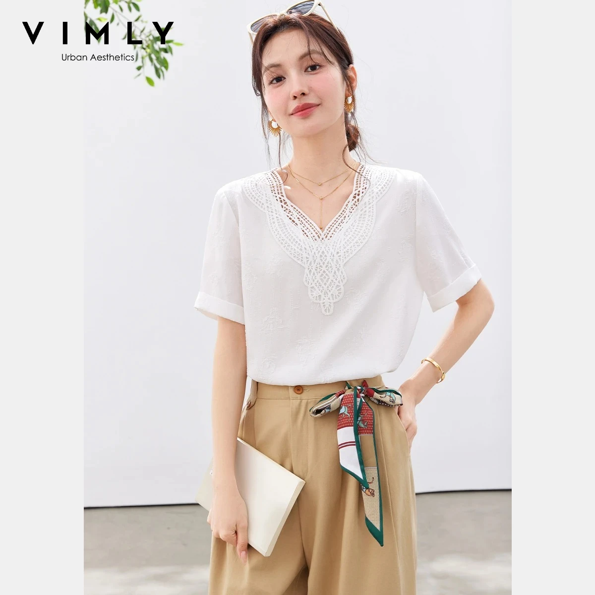 

VIMLY Fashion Lace Trim V-Neck Short Sleeve T-Shirt Women 2026 Summer New White Textured Casual Simple Top Ladies Clothes A6232