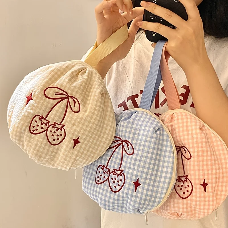 Round 3-in-1 Travel Lightweight Organizer Bag for Undergarments Bras Panties Socks Cute Plaid Strawberry Print Convenient Access