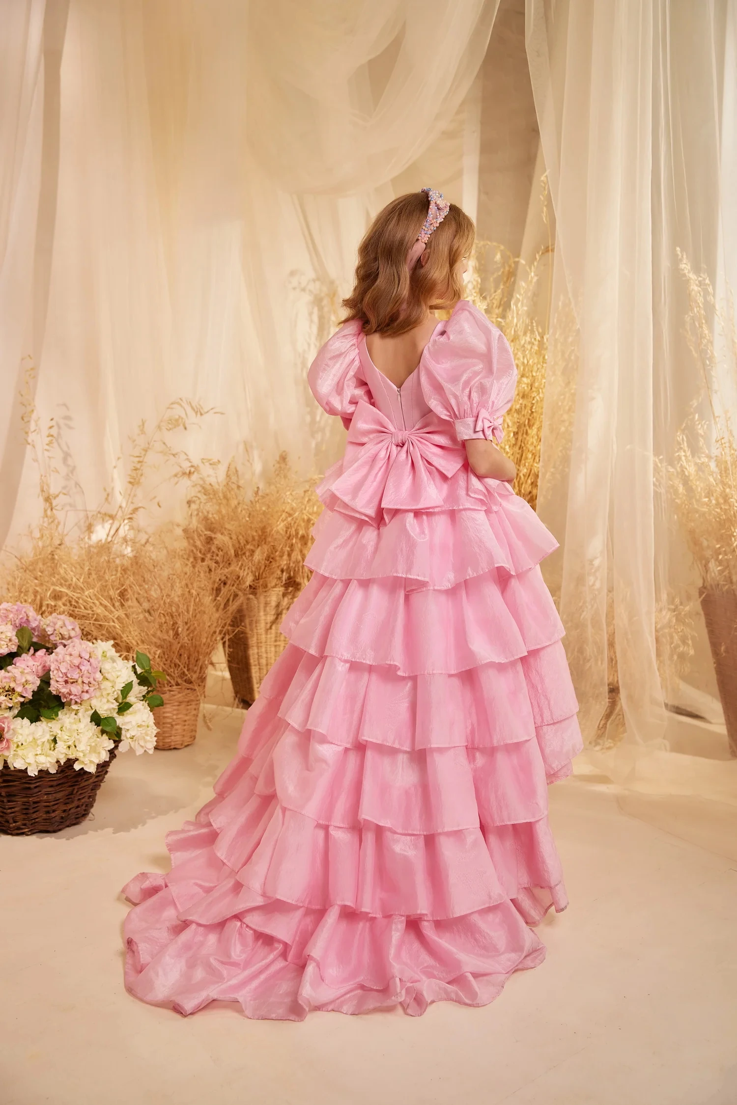 Vestido rosa menina flor para casamento, cetim puffy em camadas com laço, vestido de baile da primeira comunhão, princesa, 2024