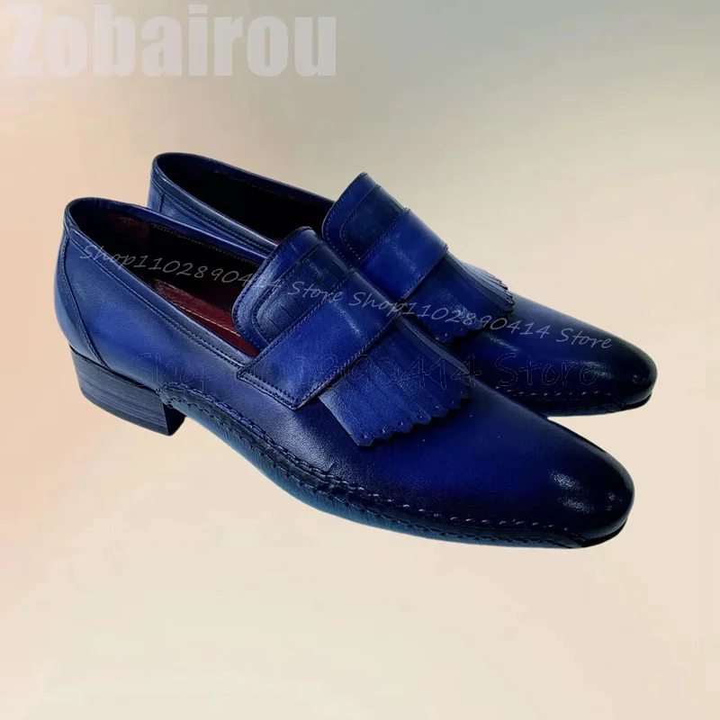 Sepatu pantofel pria desain jahit rumbai biru Fashion Slip On sepatu pria pesta pesta Pesta Jamuan makan kantor sepatu pria