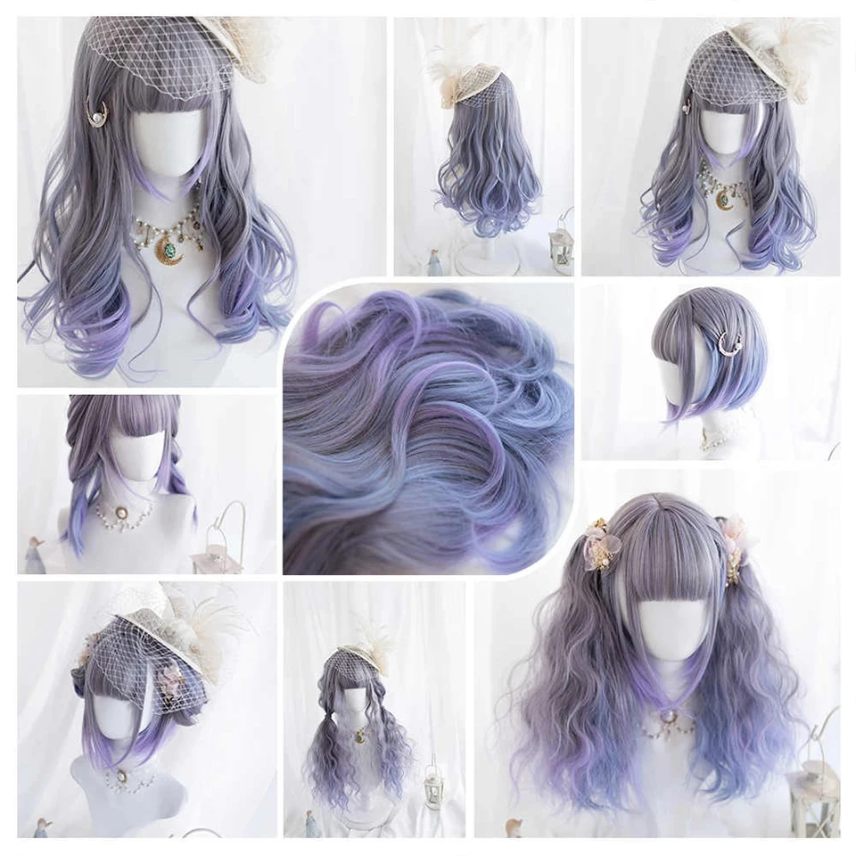 Grey Blue Purple Ombre Synthetic Wigs for Cosplay Long Curly Wavy Layered Wigs with Bangs for Women Heat Resistant Fake Hair image 6