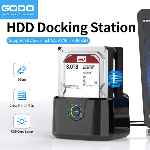 Estación de acoplamiento de disco duro GODO a USB 3,0, base de disco duro de doble bahía para HDD/SSD SATA de 2,5/3,5 pulgadas con indicador LED