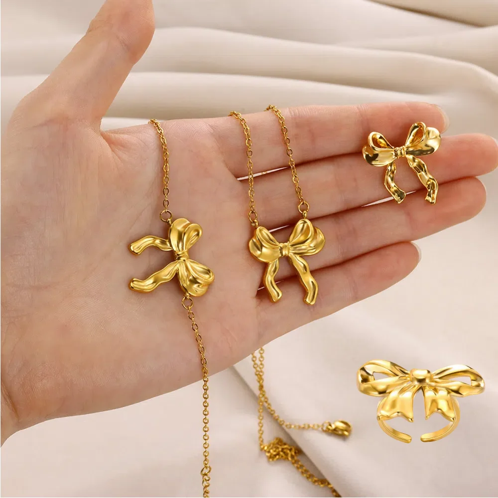 Ensemble de nœuds en ruban doux pour femmes, colliers, boucles d'oreilles, Bracelet, bague, mignon,