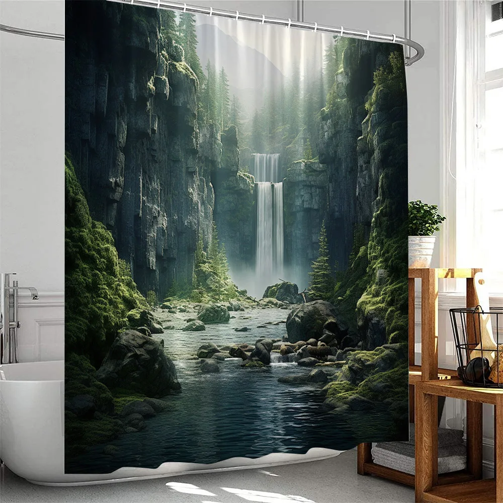 Natural Scenery Shower Curtain Forest Waterfall Stream Nature Landscape Bathroom Home Decor Polyester Fabric Bathtub Curtain