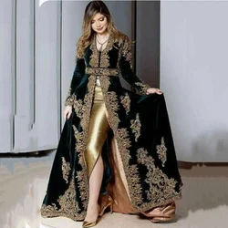 Elegant Black Gold Gown with V-neck Long Sleeve Velvet Applique Slit Floor-Length Evening Gown for Women فساتين للحفلات الراقصة