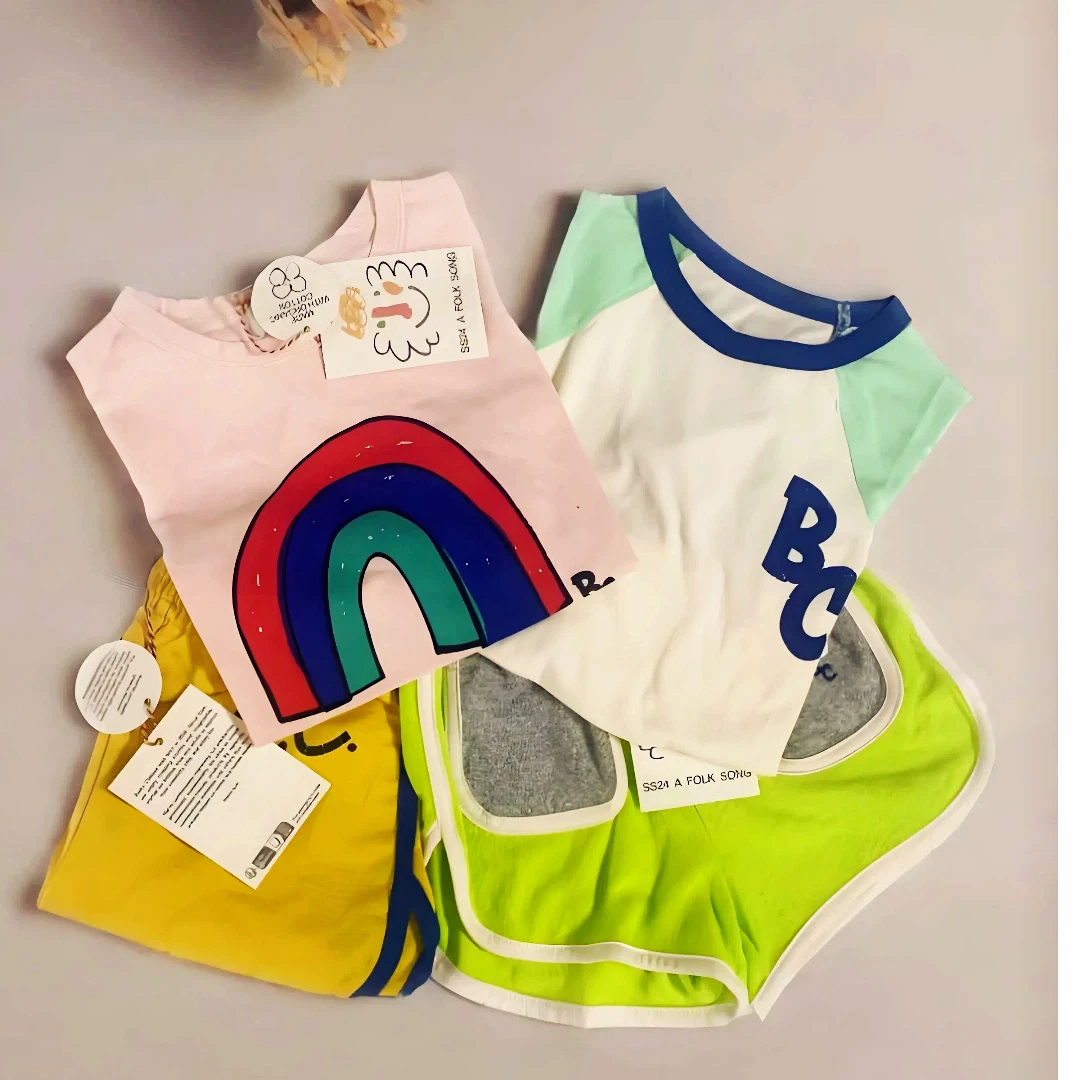 

Summer Korea Style Boys and Girls Cute Cartoon Letter Denim Shorts Boys' Sports Pants T-shirt Sets Children's Vest Leisure Suit