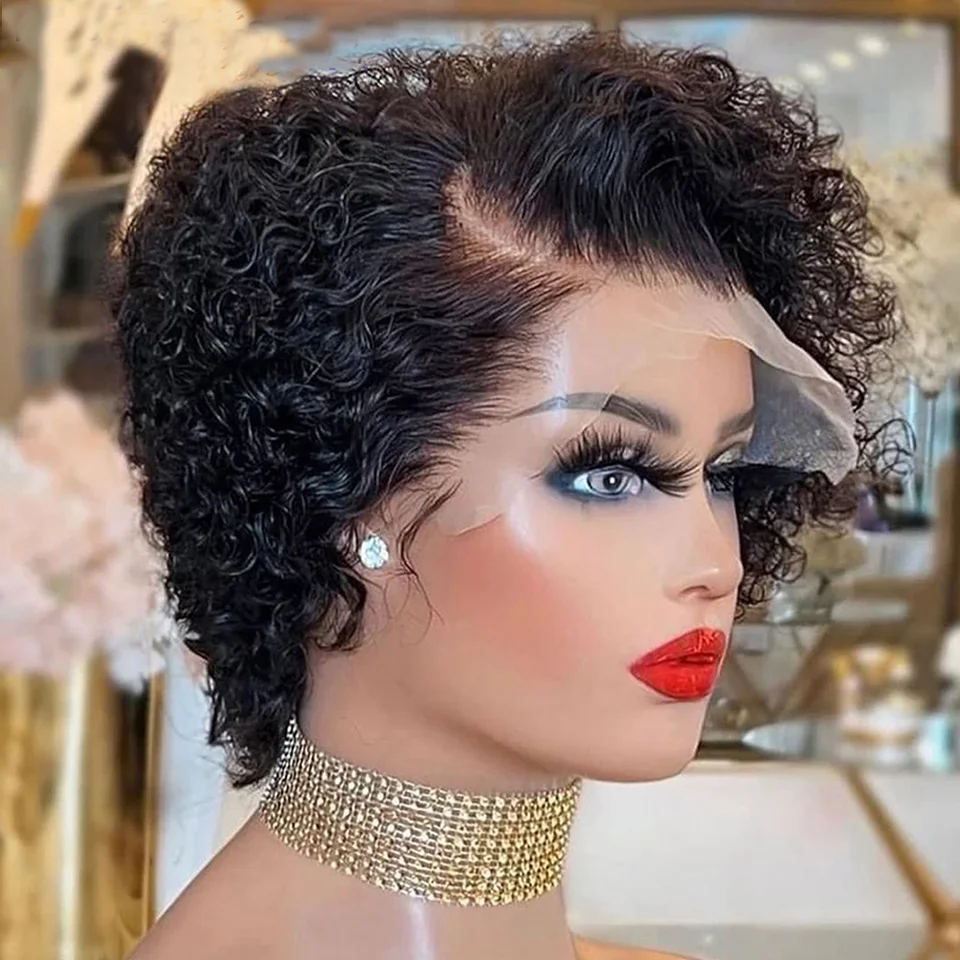 Kurze Bob Perücke Pixie Cut Perücke lockige Echthaar Perücken für Frauen 13x1 Spitze Front Perücken peruanische Deep Wave Spitze Perücke vor gezupft