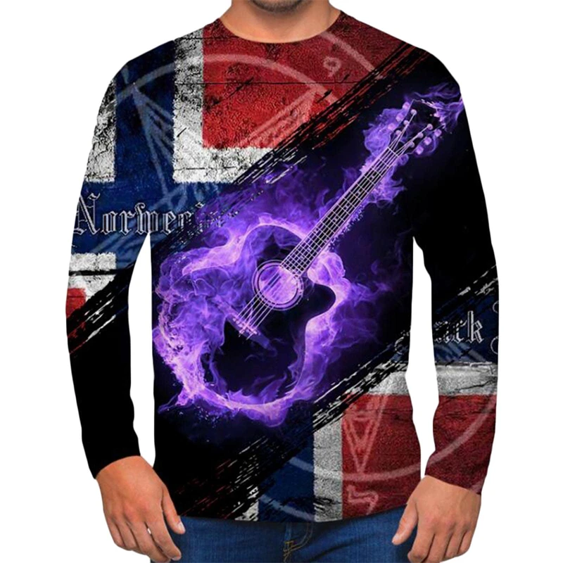 Mens Long Sleeve 3D Printed T-Shirts Guitar Graphic Tees Casual Vintage Crewneck Metallica Rock Band Tshirts Punk Style Tshirt