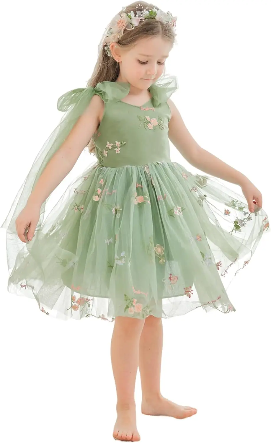 Princess Flower Girl Dress Floral Embroidered Toddler Girls Dresses Fairy Tulle Dress for Wedding Birthday Party Photo Shoot