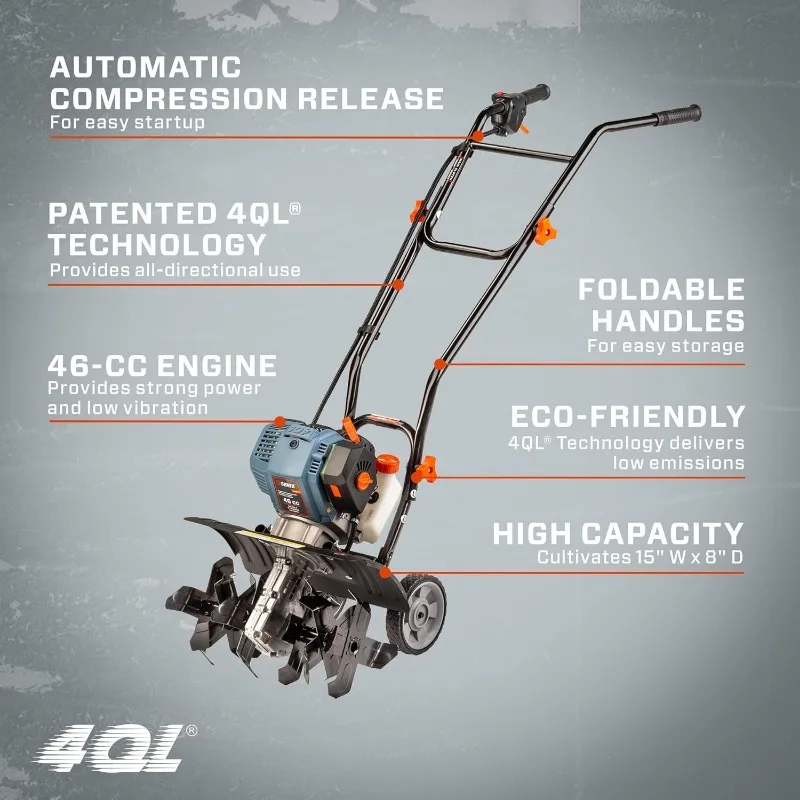 Cultivador de leme movido a gás SENIX 4QL de 4 ciclos, motor de manivela completa de 46 cc, largura de amarrar de 15 polegadas, profundidade de amarrar de 8 polegadas, fácil, dobrável