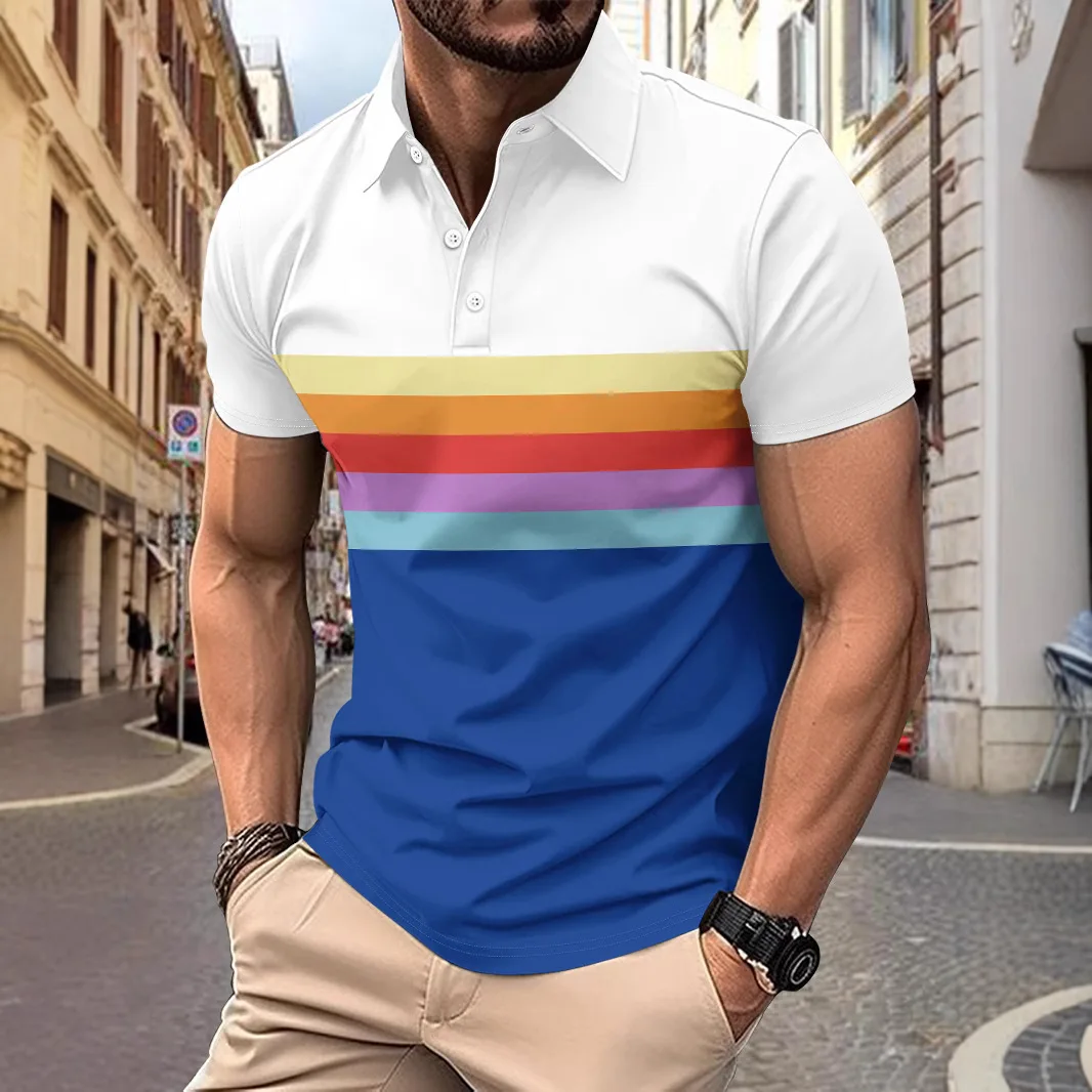 

2025 Men's short-sleeved printed polo shirt Europe and the United States summer lapel shirt rainbow color suit
