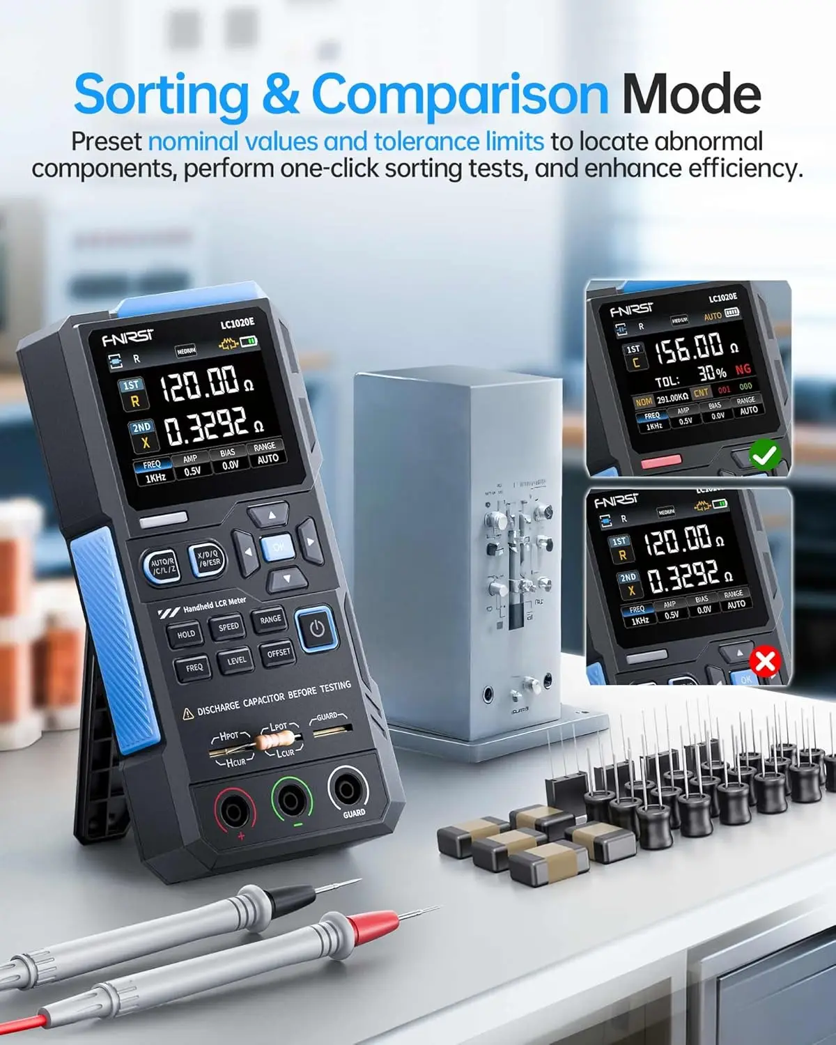 Digital LCR Meter Handheld Component Tester – ESR Capacitance Inductance Resistance Measuring Tool with Kelvin Test Leads