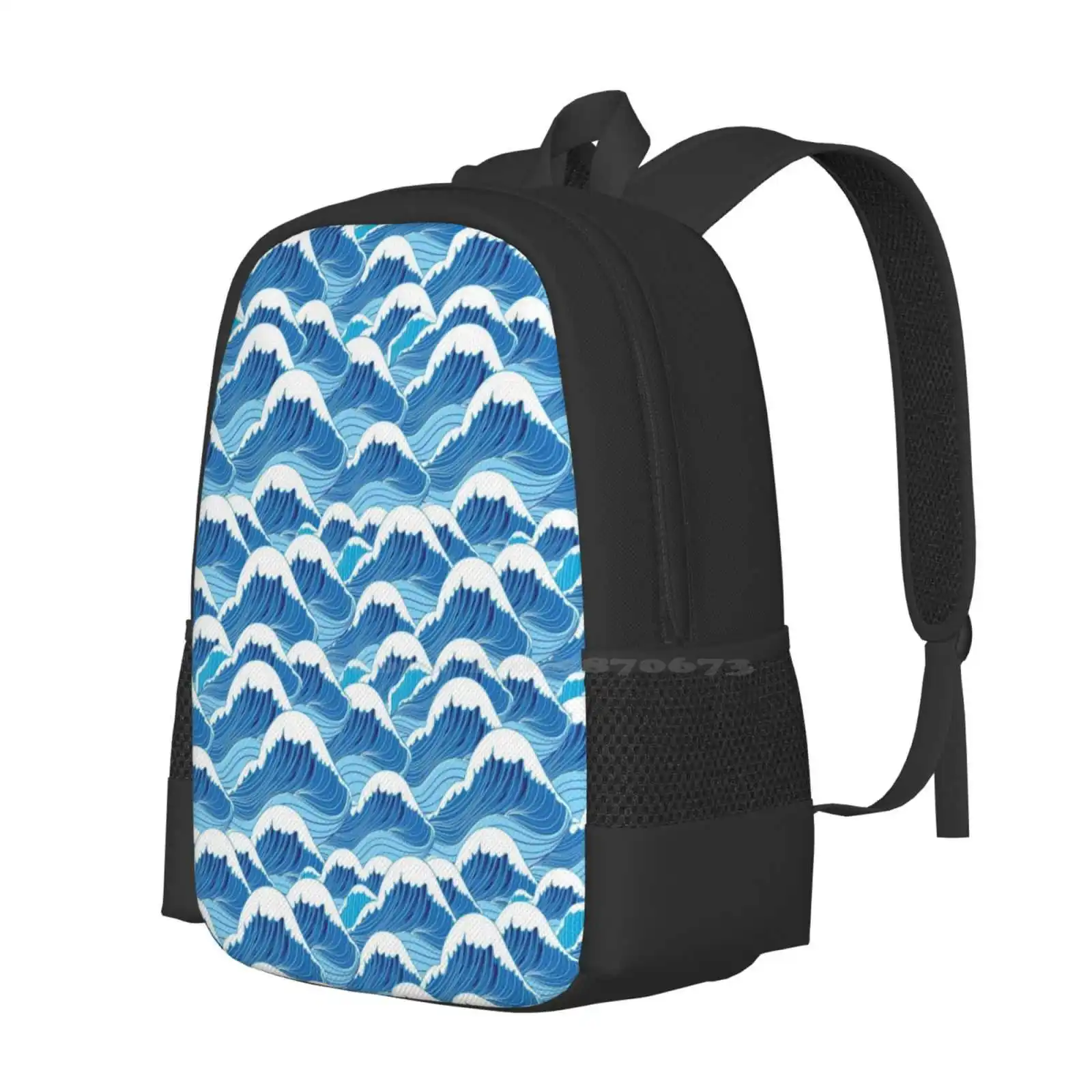 Sea Wave Pattern Hot Sale Schoolbag Backpack Fashion Bags Waves Blue Design Seamless Water Ocean Patterns Ornament