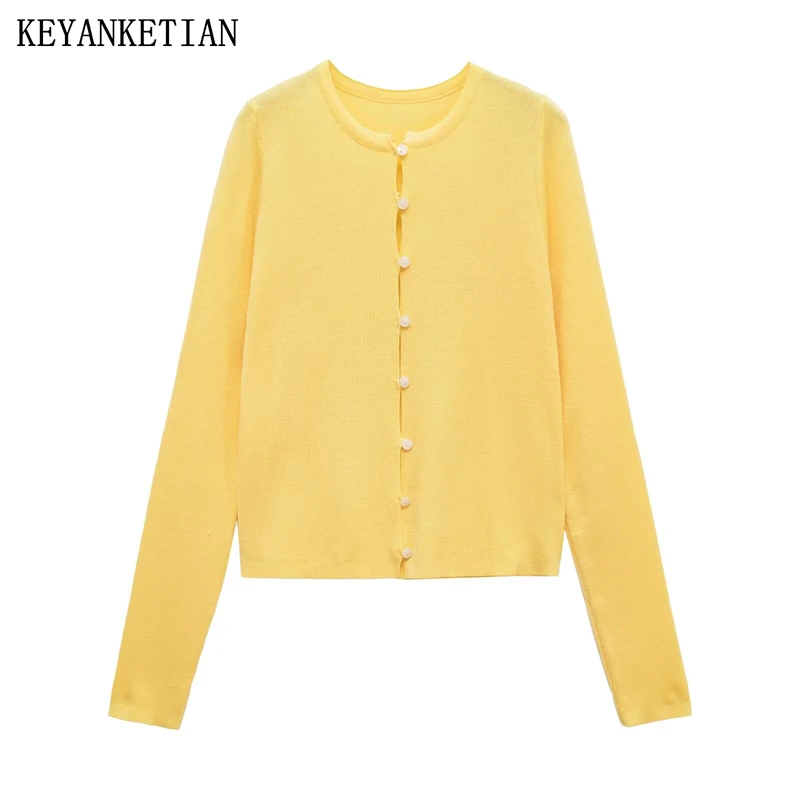 

KEYANKETIAN 2025 Autumn New Women's Slim Yellow Knitted Top Simple style O-Neck Single Breasted Long Sleeve Thin Knit Cardigans