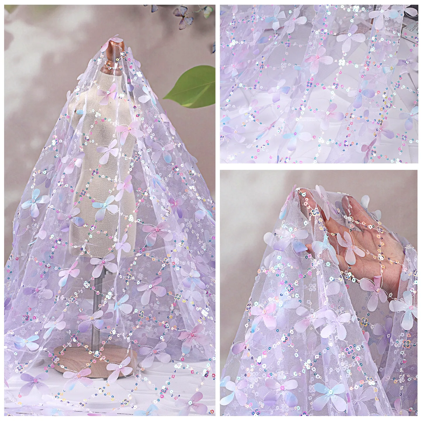New 3D Gradient Flower Sequin Embroidered Mesh Fabric, Heavy-duty Tulle for Stage Costume, Doll Dress & Skirt Hem