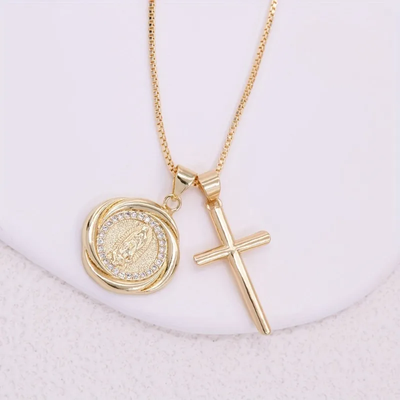 Vintage Copper Double Cross Pendant Necklace Micro Inlaid Stackable Clavicle Chain Niche Jewelry For Ladies Daily Wear