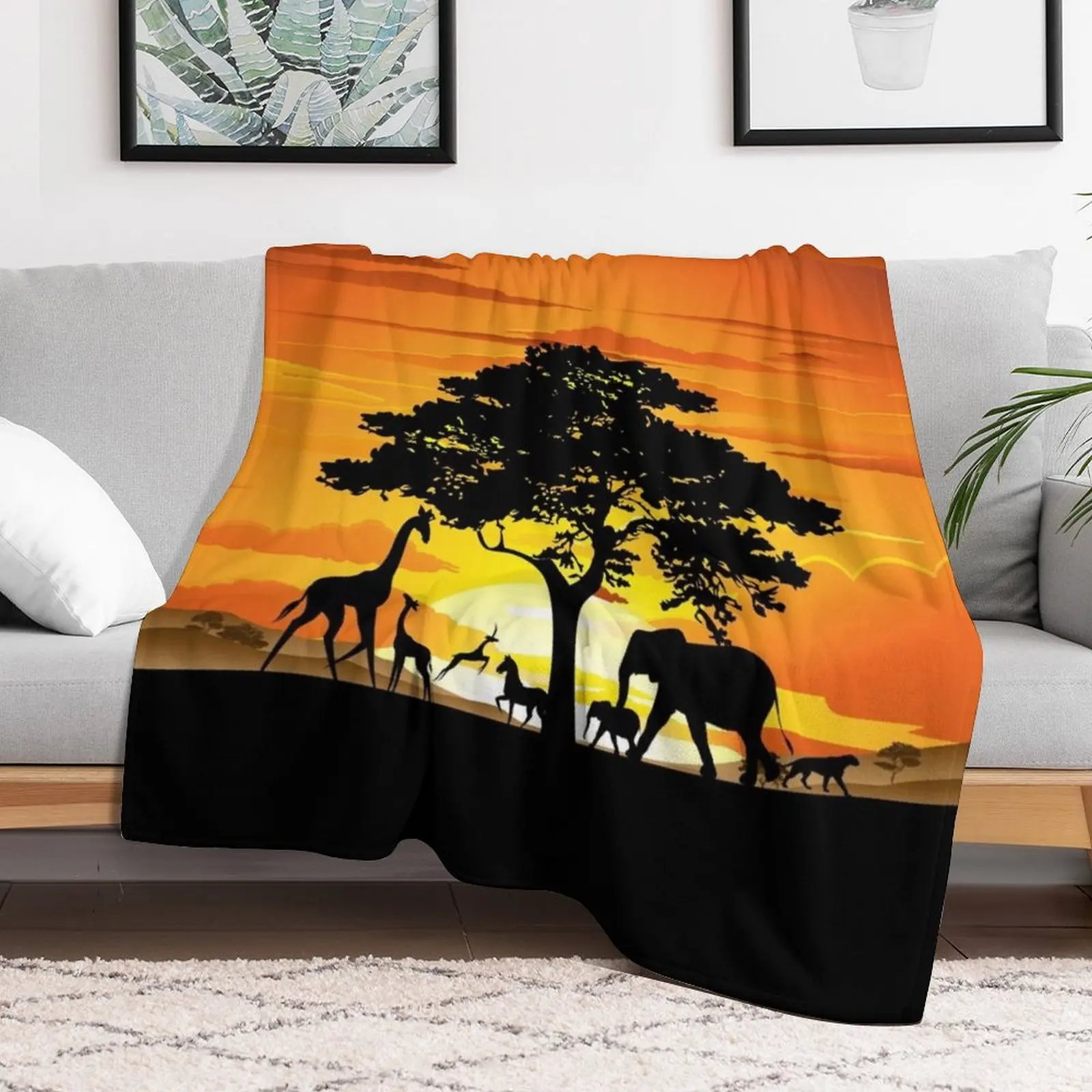 Wild Animals on African Savanna Sunset Throw Blanket Extra Large Throw Furry decorative Bed linens Blankets