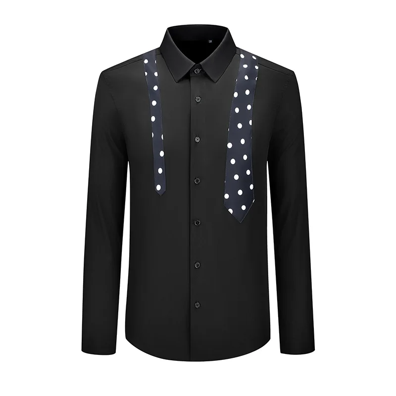 High Quality Polka Dot Spliced Men's Shirt Long Sleeve Slim Fit Cotton Shirts Casual Business Formal Dress Shirts Men Clothing