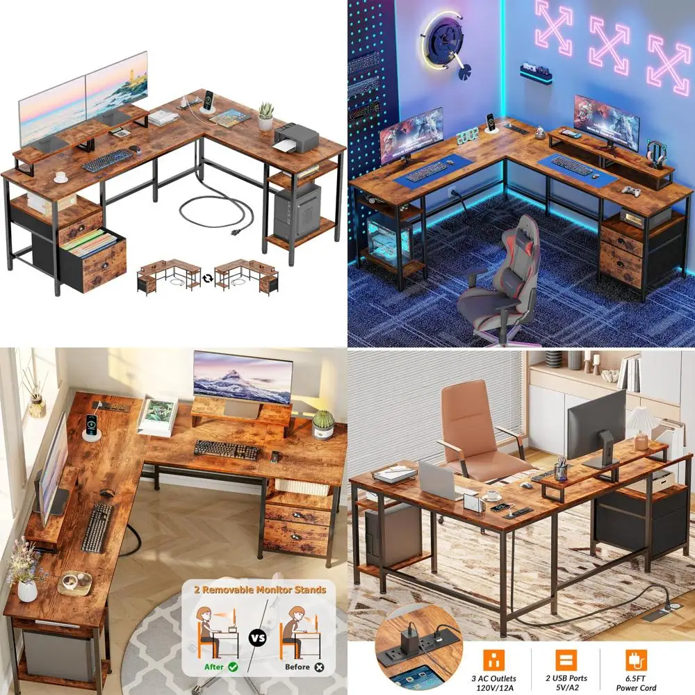 

66 Inch L-Shaped Desk with Power Outlet, Reversible Gaming Desk with File Drawer and Dual Monitor Stands for Home Office
